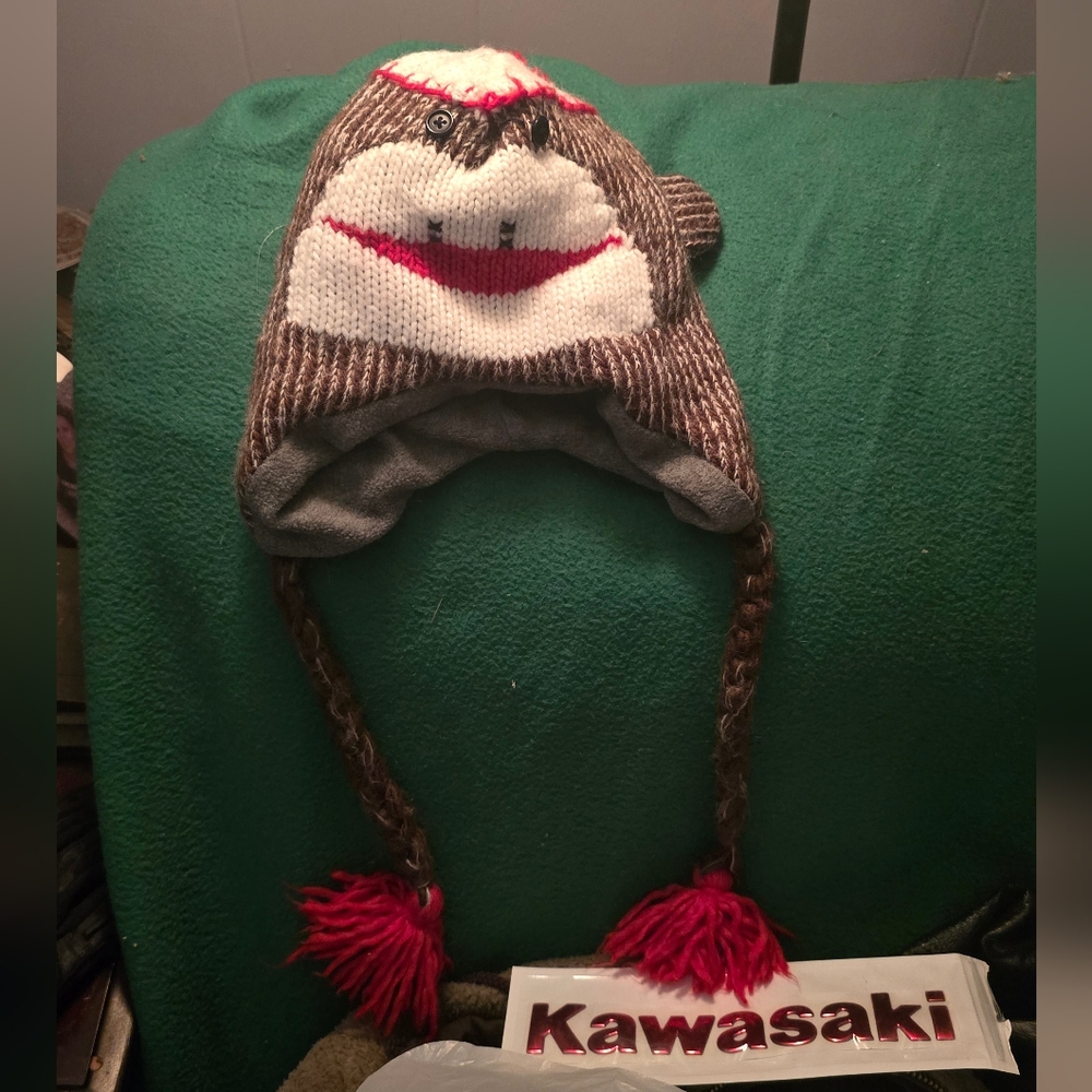 Super Cute Monkey Face  Beanie Hat with Earflaps and Pom-Poms